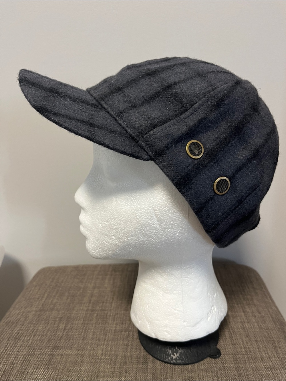 Indigo Dark Gray Wool Cap with Side Button Detail